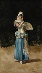 Woman In Spanish Dress And Madador by Eugenio Lucas Villamil