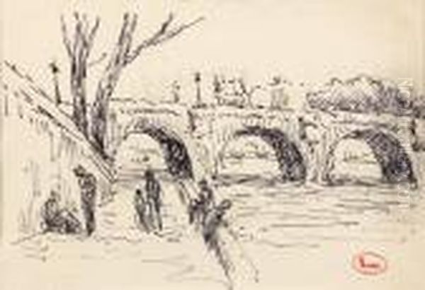 Paris, 
Personnages Sur Laberge Sous Le Pont Neuf - view 1