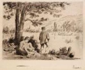 Bords De La Cure,
Deux Enfants Et Un Chien Sous Les Arbres by Maximilien Luce