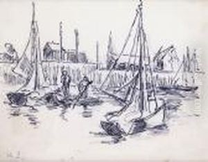 Barque Dans Le Port Parmi Les Petits Bateaux De Peche by Maximilien Luce