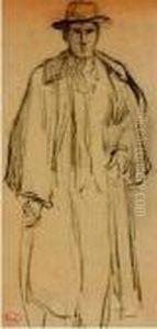 Portrait En Pied De Felix Feneon Portant Cape Et Chapeau by Maximilien Luce