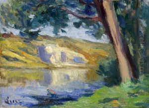 Pecheur En Barque En Bord De Riviere by Maximilien Luce