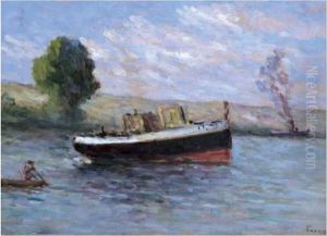 Barque, Remorqueur Et Bateau A Vapeur Sur Une Riviere by Maximilien Luce