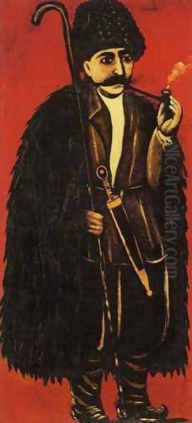 Shepherd in a Sheepskin Cloak on a Red Background - view 1