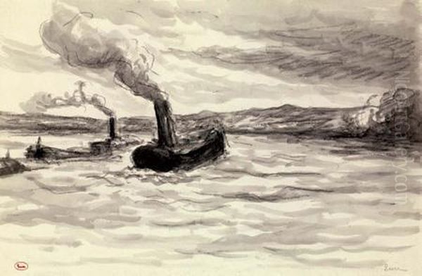 Remorqueurs Et Peniches Sur La Seine A Rolleboise - view 1