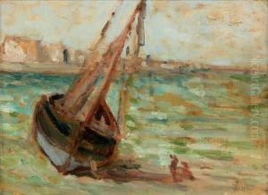 Barque Echouee, Le Treport
 Huile Sur Papier Maroufle Sur Panneau, Signee En Bas A Droite : Luce by Maximilien Luce
