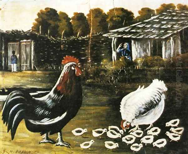 Rooster and Hen with Chickens - view 1