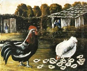 Rooster and Hen with Chickens by Niko Pirosmanashvili