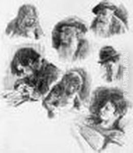 [planche Aux Sept Croquis - 
Portraits De Pissarro, Graveur Au Travail, Enfants?]. Vers 1900. by Maximilien Luce