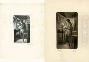 [femme Debout Dans Une Cuisine, Lisant A La Lueur D'une Bougie]. Vers 1890.