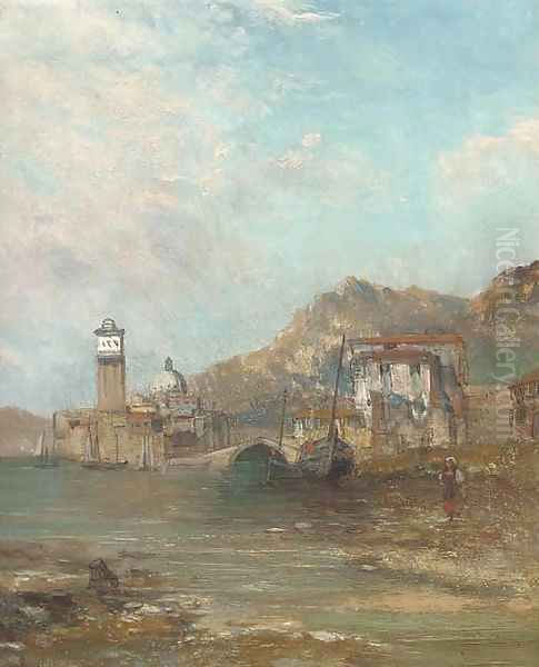 Figure and boats at a harbour mouth with a church beyond - view 1