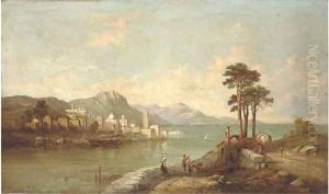 Figures before an italianate lake by Alfred Pollentine