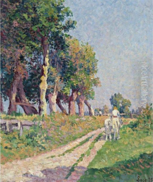 Eragny, Chevaux Sur Le Chemin Ensoleille - view 1