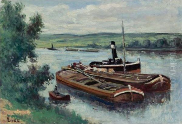 Vapeur Et Peniches Sur La Seine A Mericourt - view 1