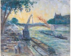 Paris, Peniches A Quai Devant Le Louvre
 Huile Sur Carton Toile