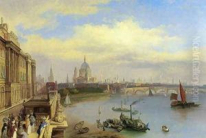Figures Promenading Outside Somerset House, St. Paul's Cathedral Beyond by William Parrott