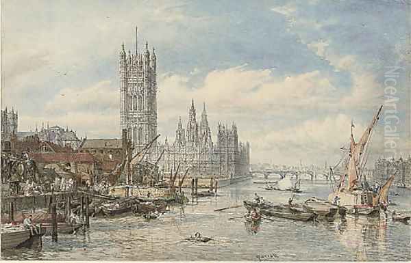 Houses of Parliament and Westminster Bridge from the South Bank of the River Thames - view 1