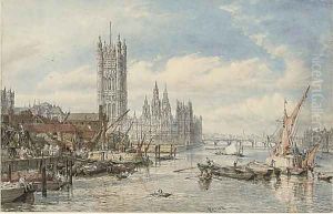 Houses of Parliament and Westminster Bridge from the South Bank of the River Thames by William Parrott