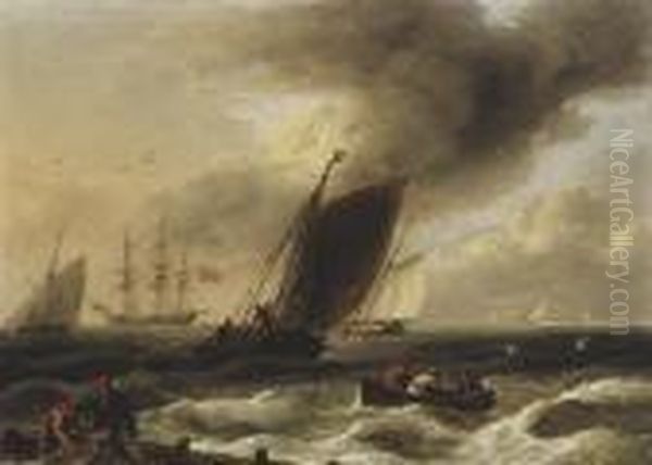 Small Craft Heading Inshore
Ahead Of A Squall,with A Frigate Anchoring For Shelter Beyond - view 1