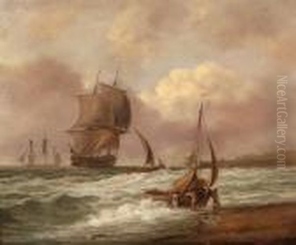Beach Scene With Figures Launching Aboat - view 1