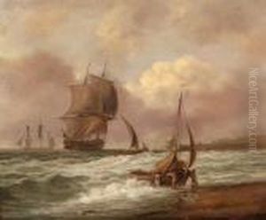 Beach Scene With Figures Launching Aboat by Thomas Luny
