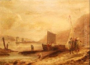 Coastal Scene With Figures And Boat By The Shore by Thomas Luny