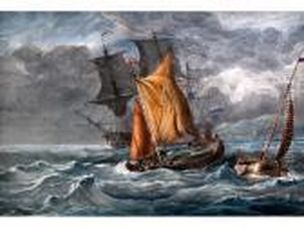 Fishing Boats And Man O'war Off Shore In Heavy Seas - view 1
