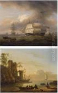 A 26-gun Frigate Of The Royal Navy Off A Headland; Fishermen In Anestuary A 26-gun Frigate Of The Royal Navy Off A Headland; Fishermen In Anestuary