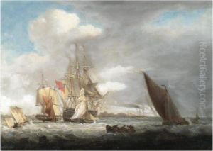 A British Man-of-war Surrounded By Coastal Craft