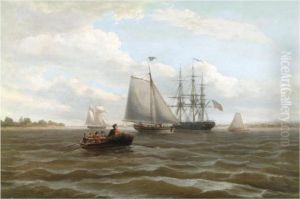 An American Frigate At Anchor In An Estuary by Thomas Luny