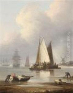 Low Tide In The Estuary With Vessels At Anchor And Loading