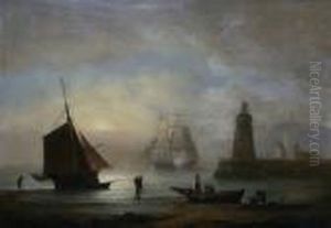 Shore Scene With Fishermen Tending Their Nets