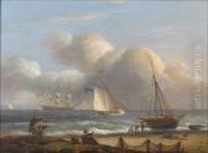 An Armed Cutter Caught In The 
Surf Off A Beach, With An Anchored Frigate Firing A Salute Offshore