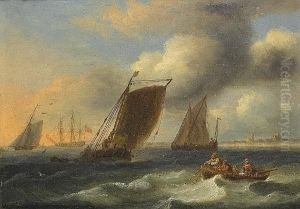 Small Coastal Traders Off Orford, Suffolk, With A Man-o'war Anchored Off The Spit