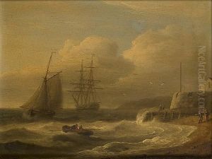 A Cutter Running Past Cowes 
Castle, Isle Of Wight, With An Anchored Brig Off The Mouth Of The Medina
 River