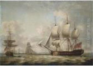 A 32-gun Frigate Taking In Sail And Other Shipping Off The Coast by Thomas Luny