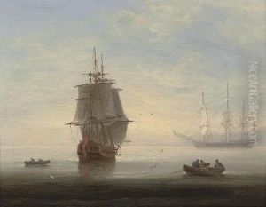 Frigates In An Early Morning Calm, One Making Ready To Put To Sea by Thomas Luny