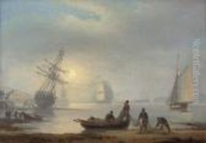 Fishermen Sorting Their Nets On The Foreshore At Teignmouth, At Dusk