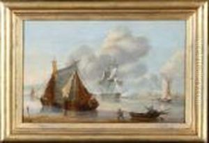 A Dutch Coastal View With 
Sailing Barges In The Foreground And A Frigate In The Middle Distance 
Firing A Time Signal.