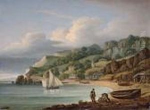 View Of Babbacombe Beach, South Devon, With Fishermen On The Beach by Thomas Luny