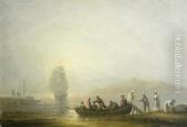 A Party Disembarking On Theshore, A Man-o-war In The Bay Beyond - view 1
