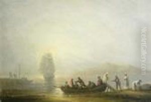 A Party Disembarking On Theshore, A Man-o-war In The Bay Beyond A Party Disembarking On Theshore, A Man-o-war In The Bay Beyond