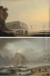 Coastal Scene With Figures And A
Horse On A Beach In The Foregroundand Sailing Boats Beyond by Thomas Luny