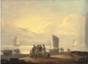 Coastal Scene With Fishermen On A Beach In The Foreground Andsailing Boats Beyond by Thomas Luny