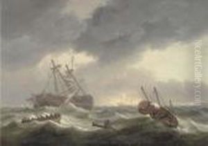 A Dutch Man-o'war In Distress With Boats Coming To The Rescue by Thomas Luny
