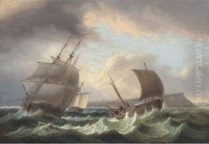 A Frigate Running Out To Sea, With A Cutter Astern Of Her And Afishing Boat Off To Port by Thomas Luny