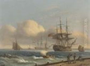 Royal Naval Warships Lying At Anchor In A Stiff Breeze by Thomas Luny