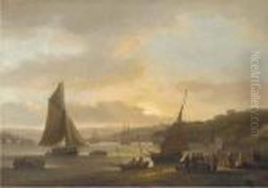Shipping On The River Dart At Dittisham With Women Selling Fish Inthe Foreground Shipping On The River Dart At Dittisham With Women Selling Fish Inthe Foreground