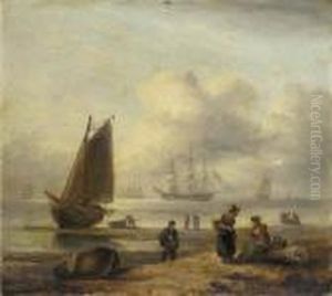 Fisherfolk On The Devonshire Coast With Warships Beyond by Thomas Luny