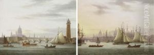 View Of Blackfriars Bridge And
The Thames With St. Paul's Cathedral Beyond And View Of The Pool Of
London With St. Paul's Beyond by Thomas Luny